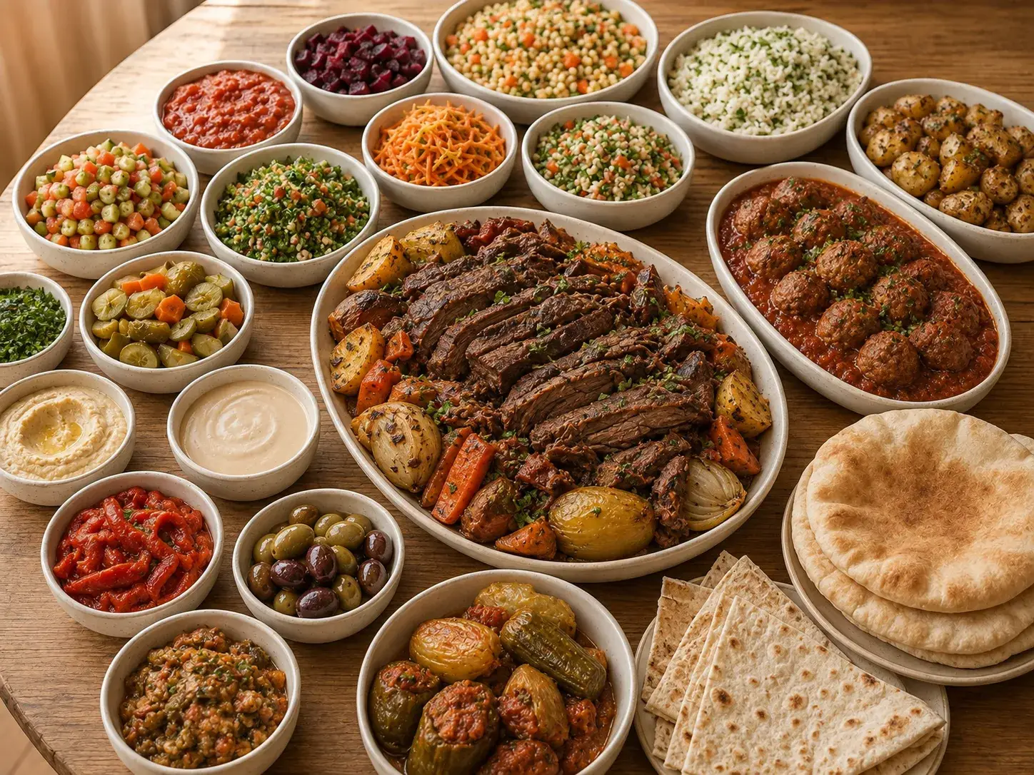 שולחן שבת ערוך עם תבשילים וסלטים